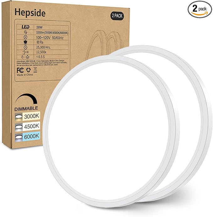 2PACK Flush Mount LED Ceiling Light Fixture White, 12Inch 28Watt, Dimmable & 3000K-4500K-6000K 3 Color Selectable Ceiling Lamp 3200LM Low Profile Ceiling Light for Kitchen Bedroom Hallway Porch