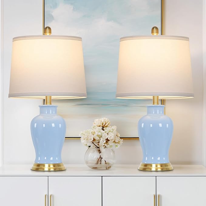 23" Modern Blue Ceramic Table Lamps Set of 2, Coastal Ceramic Lamps for Living Room, Classic Bedside Lamp with Ginger Jar Design, Elegant Bedroom Lamp for Night stand Desk Side End Table Home Decor