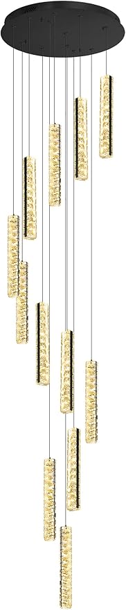 Long Spiral Crystal Chandelier Lighting for Foyer 12-Light Black Staircase Chandelier High Ceiling Slopped LED Dimmable 2700K-6000K