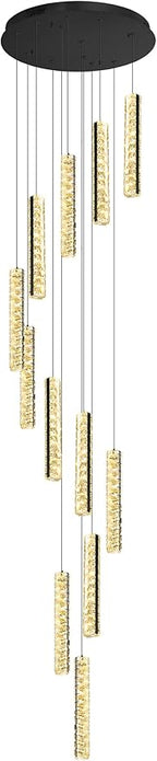 Long Spiral Crystal Chandelier Lighting for Foyer 12-Light Black Staircase Chandelier High Ceiling Slopped LED Dimmable 2700K-6000K