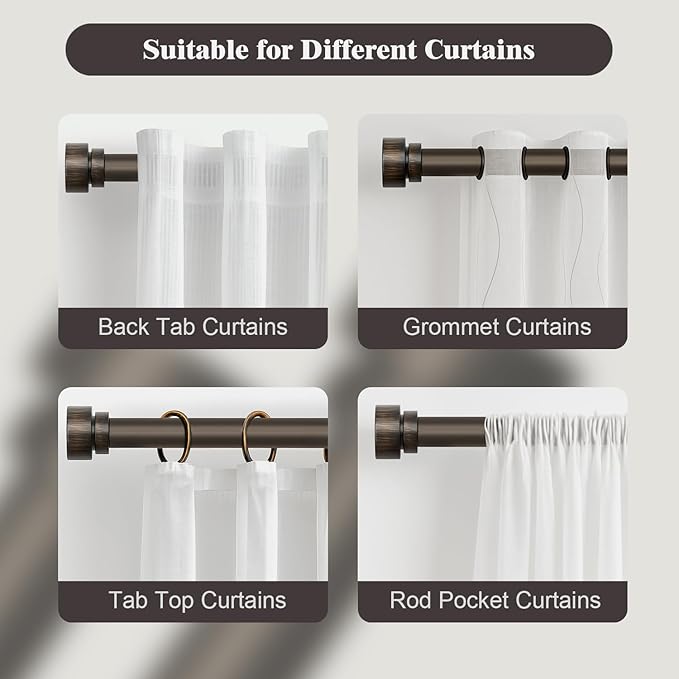 Oneach Antique Brown Curtain Rods for Windows 72 to 144 Inch, 1 Inch Pole Adjustable Length Heavy Duty Metal Curtain Rod Set, for Outdoor Bedroom Kitchen Living Room (16 to 150 Inch)