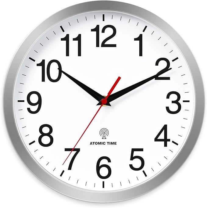 Atomic Wall Clock Modern 10 Inch Battery Operated Silent Non Ticking Analog Clock Decorative for Bedroom Kitchen Bathroom Office Home Living Room (Silver)