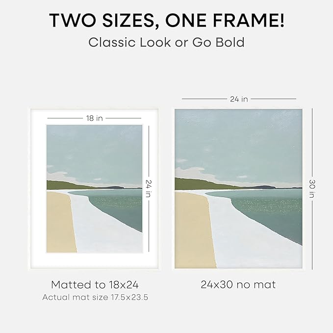Homeforia 24x30 Poster Frame White, High End Oak 24 x 30 White Wood Picture Frames with Mat 18 x 24 for Photo, 24x30 Wooden Frame Matted to 18x24, 30x24 Large Frame, Tempered Glass, Wall Kit, Set of 1