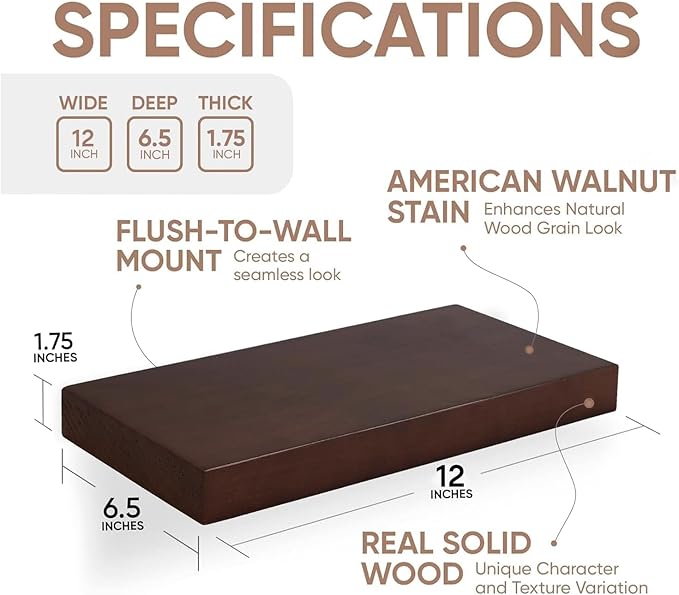 Homeforia Walnut 12 inch Floating Shelf, High End Solid Real Wood Small 12inch Floating Shelves for Wall Mounted, Dark Brown 12in Floating Shelves, Heavy Duty Bracket, 12 X 6.5 X 1.75 inches, Set of 4