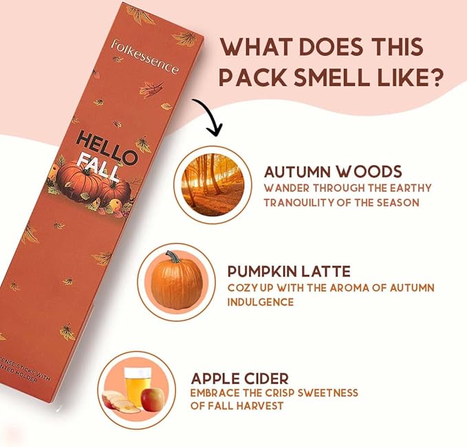 Folkulture Incense Stick Gift with Holder | Set of 3 Fall Incense Sticks with 45 Min Burn Time | Pumpkin Spice Inscents-Sticks | Organic & Non Toxic Fall Scents | Insense-Stick for Fall Essentials