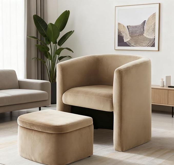 Mid-Century Velvet Living Room Chair Set of 2 with Storage Ottoman, Space-Saving Accent Chairs for Bedroom/Reading Spaces/Office, Khaki