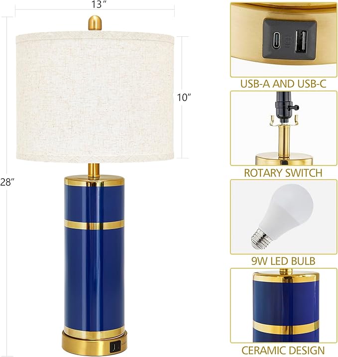 Royal Blue & Gold Ceramic Table Lamps (Set of 2) - 28" Luxe Bedside Lights with USB Charging & Rotary Switch, Bulbs Included