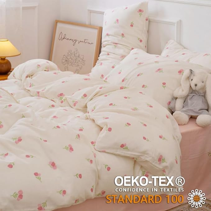 Floral Comforter Set Twin Size - 2 Pieces Pink White Floral Comforter Bedding Sets Tulips Pattern,Twin Bed in a Bag with Heart Comforter and 1 Pillowcase