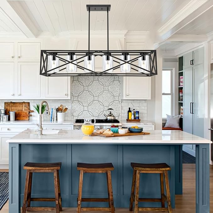TODOLUZ 6-Lights Farmhouse Chandelier Black Dining Room Light Fixtures, 45.28" Contemporary Rectangle Kitchen Island Lighting with Clear Glass Shade
