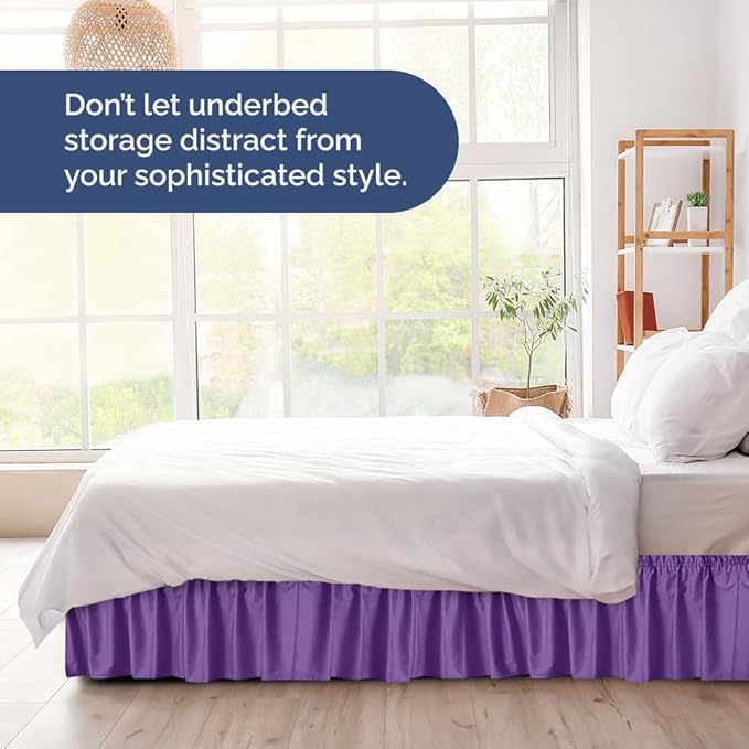 Wrap Around Dust Ruffle Bed Skirt - Purple - for Full Size Beds with 24 Inch Drop - Easy Fit Elastic Strap - Adjustable Pleated Bedskirt w/Brushed Fabric - Wrinkle Free - for Women, Men, Kids & Teens