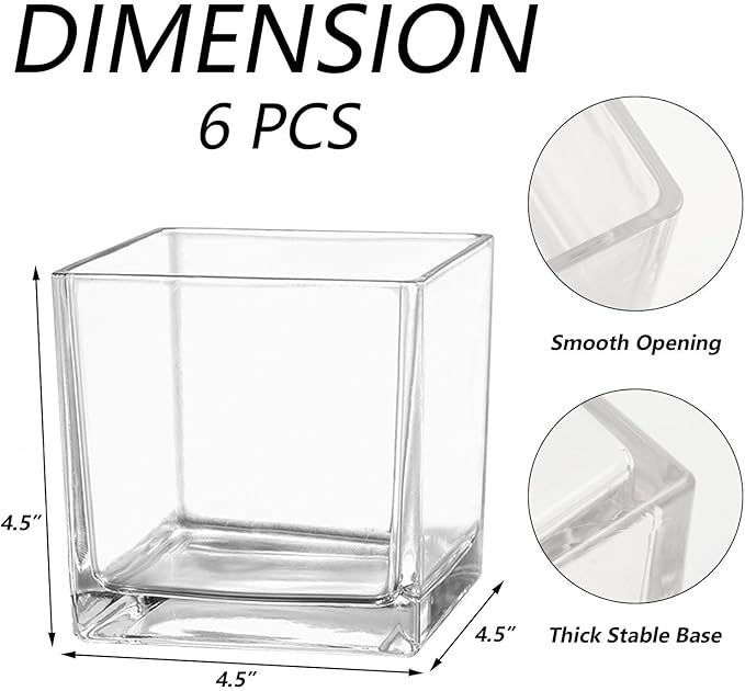 Square Clear Glass Vases Set of 6, 5" x 5" x 5" Flower Vases for Centerpieces, Square Vase for Centerpieces, Small Vase for Wedding, Party, Home Office Decoration
