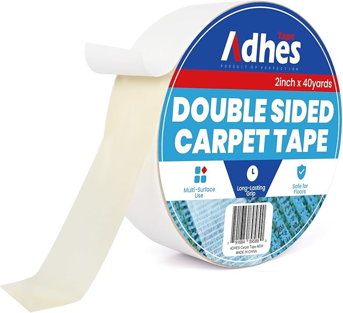 ADHES Double Sided Carpet Tape for Area Rugs – 2 Inch x 40 Yards, Heavy Duty Adhesive, Residue-Free, Rug Gripper for Hardwood Floors, Tile, and Carpeted Surfaces – Easy to Apply