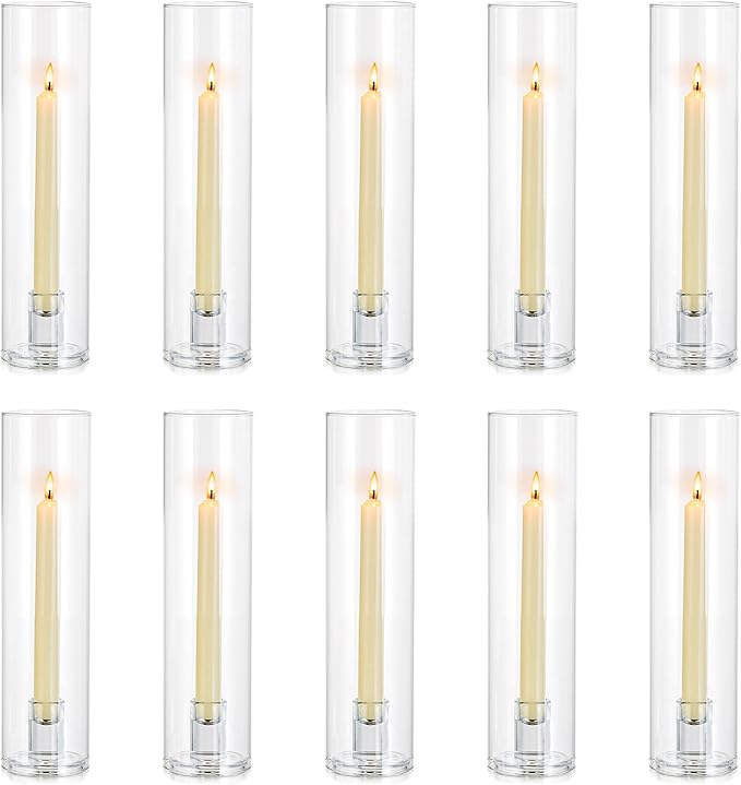 NUPTIO Taper Candle Holders Glass: Set of 10 Hurricane Candlestick Holder Bulk - Candle Stick Stand with Cylinder Sleeves for Thanksgiving Chrstmas Birthday Party Decor