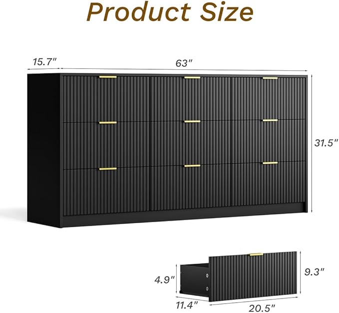 Black Dresser for Bedroom, 9 Drawer Double Dresser, Modern Chest of Drawers for Bedroom, Living Room, Entryway and Closet, 63" L x 15.7" D x 31.5" H