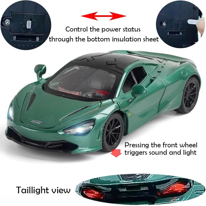 Alloy Collectible Green McLaren 720s Toy Car Model Pull Back DieCast Vehicle with Lights and Sound