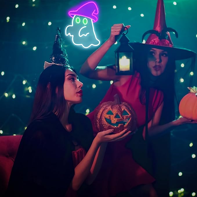 Witch Hat Ghost Neon Signs for Wall Decor Halloween Neon Sign Spooky Ghost LED Sign Gothic Lamp Neon Lights Signs Purple Witch Hat Neon Wall Sign for Bedroom Bar Halloween House Party Decor