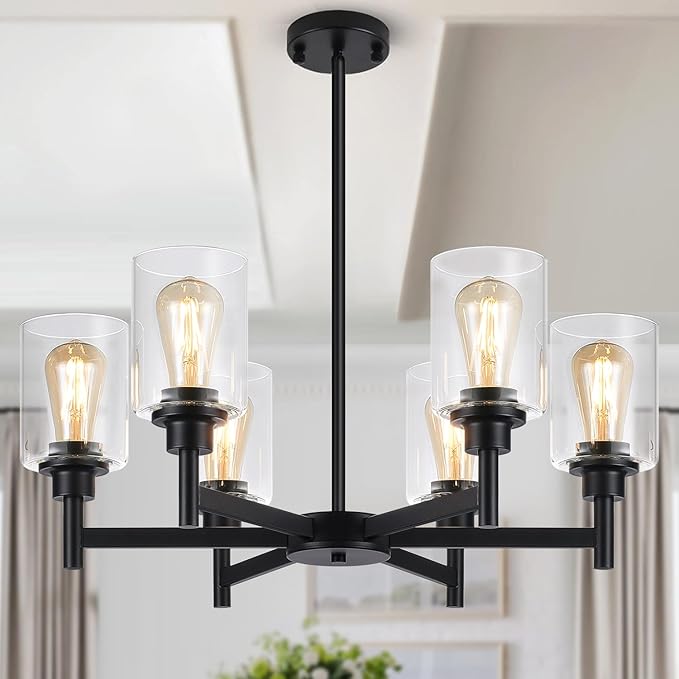 Black Chandeliers, 6 Light Dining Room Light Fixtures Over Table, Farmhouse Chandeliers for Dining Room with Clear Glass Shade for Kitchen Island Living Room Bedroom Bathroom, Height Adjustable