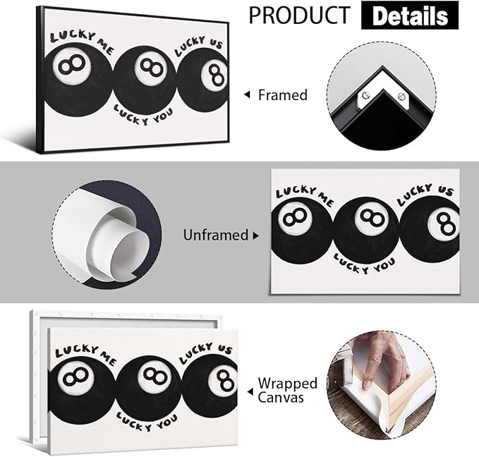 Black 8 Ball Poster, Lucky Me Lucky You Lucky Us Quote Canvas Wall Art, Playful Billiards Balls Picture Print, Retro 8ball Pool Painting for Bar Cart Game Room Man Caves Wall 8x12in Wrapped Canvas