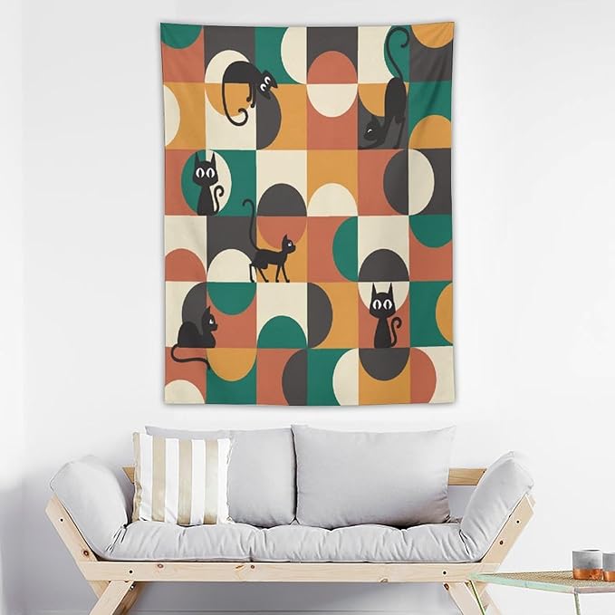 ICMOLYYENLO Boho Medieval Cat Tapestry, Abstract Atomic Starburst Geometric Aesthetic Art Wall Hanging For Bedroom Living Room Dormitory 30x40 Inches