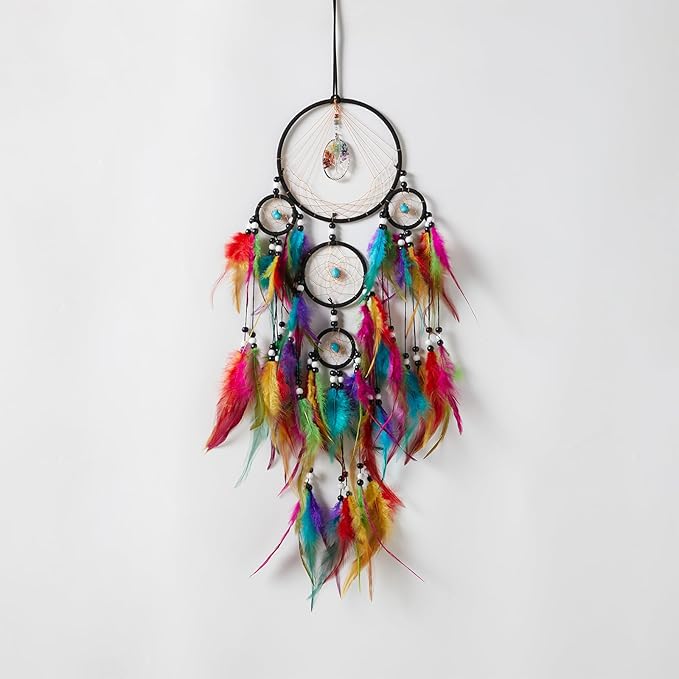 Pretty Jolly Colourful Feather Dream Catchers Wall Decor with Chakras Tree of Life Crystal Stone Ornament Handmade Dreamcatchers for Adult Boys Girls Bedroom Dorm Party Birthday Blessing Gift-5Rings
