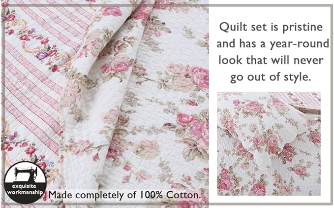 Cozy Line Home Fashions Romantic Pink Peony Floral 100% Cotton Reversible Quilt Bedding Set, Coverlet, Bedspread (Pink Peony, King - 3 Piece)