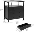 3 Wooden Drawers Nightstand, 27 Inch Wide Night Stand Set 2 with Charging Station and Adjustable Drawers, Small Dresser for Closet, Bedside Table for Living Room/Bedroom/Office, Black.