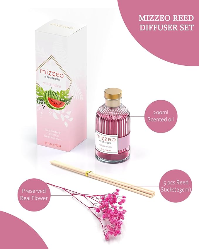 MIZZEO Reed Diffuser Set, Watermelon 6.76 fl oz Highly Scented Room Diffuser Home Fragrance Essential Oil Reed Flower Diffuser, House Bedroom Office Decor & Gifts
