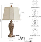 Set of 2 Rustic Table Lamps for Living Room Bedroom, 2 USB Ports 25'' Vintage Farmhouse Desk Lamp with Nightlight, Brown Hollow Out Resin Lamp for End Table (Bulbs Included)