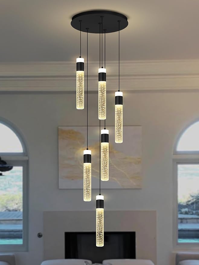 6-Light Black Modern Crystal Raindrop Chandelier for Dining Room Entrance Long Crystal Bubble Column Chandelier for High Ceiling Lighting Fixtures LED Lampara, 3000k-6000K