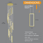 Modern Adjustable Height Pendant Light Fixture Gold 288W LED Pendant Lights 16 Rings Rectangular Chandelier Staircase Large Chandelier Lobby Living Room Foyer High Ceiling Chandeliers