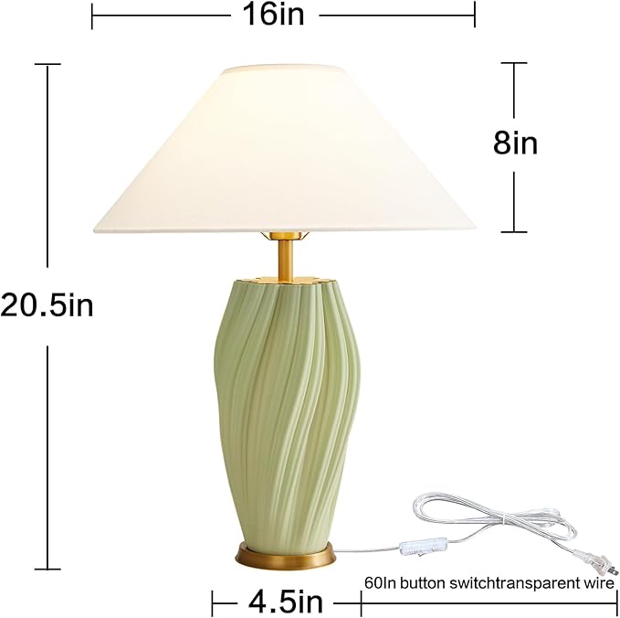 Modern E26 Ceramic Table Lamps 20.5", Sage Green Plug in Table Lamp Funky Decor for Living Room Desk End Bedroom Bedside Room Office