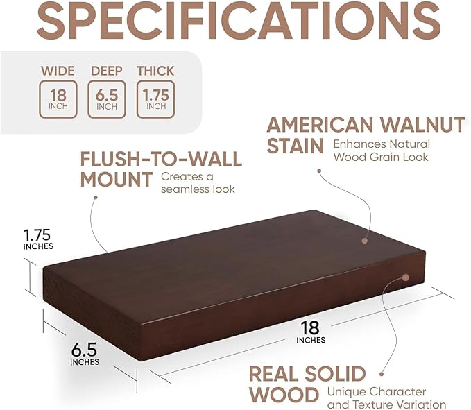 Homeforia Walnut 18 inch Floating Shelf, High End Solid Real Wood 18inch Floating Shelves for Wall Mounted, Dark Brown 18 inches Long Floating Shelves, Heavy Duty Bracket, 18 X 6.5 X 1.75 in, Set of 3