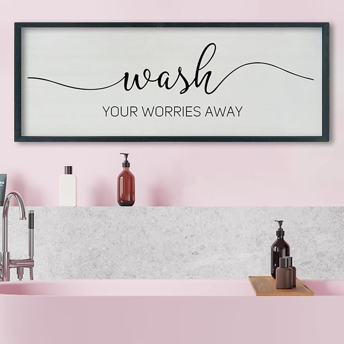 SRSZHIYUE Wash Your Worries Away Bathroom Sign Wall Art 40"x15" Funny Restroom Toilet Large Wood Framed Hanging Decor (Black)