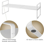 16.5~27.1" Expandable Shelf Organizer, 1Pack 10.2" Wide Stackable Cabinet Shelf Organizers, White Metal Sturdy Kitchen Counter Storage for Countertop, Adjustable Height Spice Rack