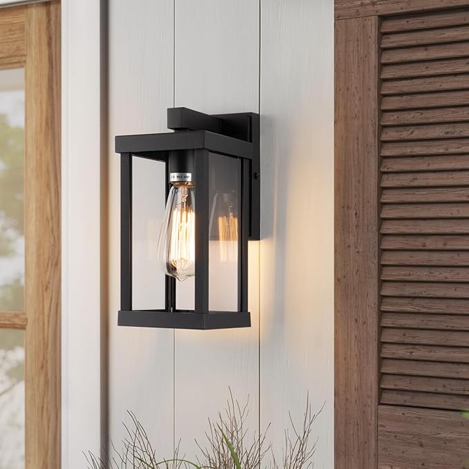 mirrea 11" Classic Outdoor Wall Sconce 1 Light in Matte Black Rectangular Metal Frame and Clear Glass Shade Waterproof Porch Light Patio Light Pack of 2