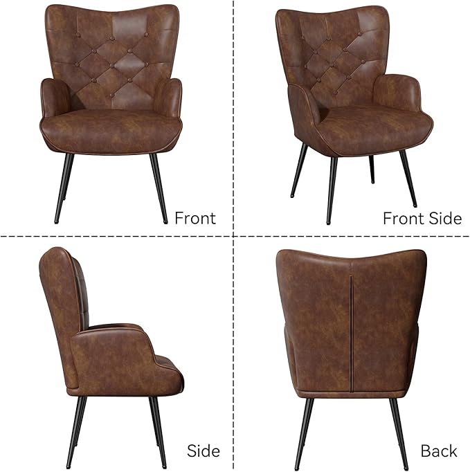 Nalupatio Mid Century Modern Accent Chair, PU Leather Upholstered Tufted Button Chairs, Living Room Reading Wingback Armchair, Side Chair for Living Room Bedroom, Brown