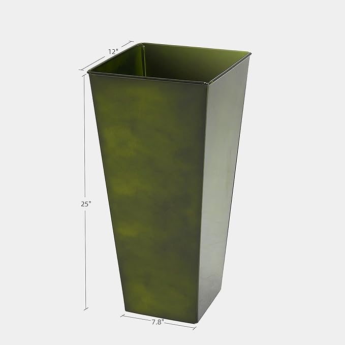 KOL Galvanized Steel Planter 25''H. with Saucer, Bright Glazed Planter with Drainage Hole, Set of 2, Tall Pots for Indoor & Outdoor Use, Decorative Flower Plant Pots for Porch, Patio, Deck - Green