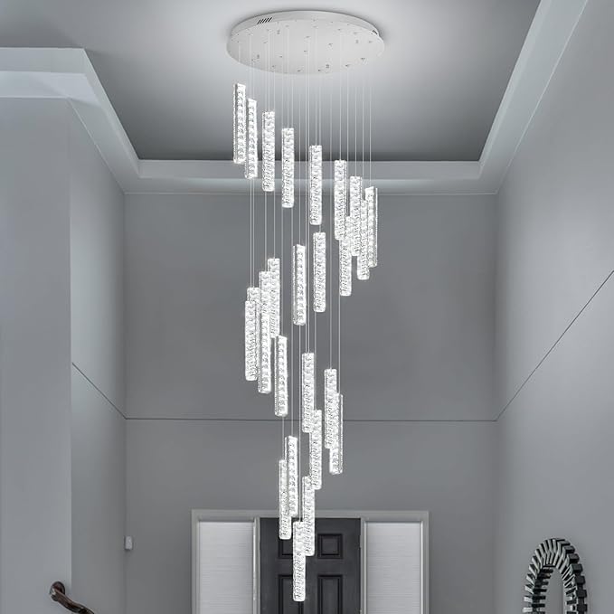 Large Staircase Chandeliers 130inches Long Spiral Crystal Chandeliers for High Ceilings Foyer Entrance 25-Lights Silver LED Dimmable 3000-6000K