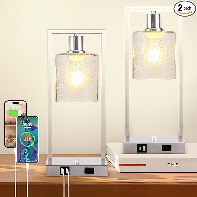 16" Set of 2 Nickel Industrial Table Lamps with USB A+C Charging Ports and AC Outlet, Fully Stepless Dimmable Bedside Lamps with Seeded Glass Shade for Bedroom Living Room Office, LED Bulbs Included