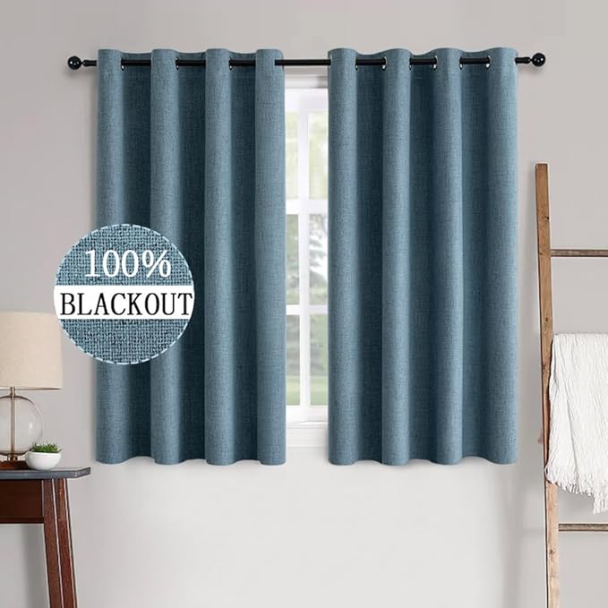 MIULEE Linen Texture Curtains for Bedroom Solid 100% Blackout Thermal Insulated Dusty Blue Curtains Grommet Room Darkening Drapes Luxury Decor for Living Room Nursery 52x45 Inch (2 Panels)