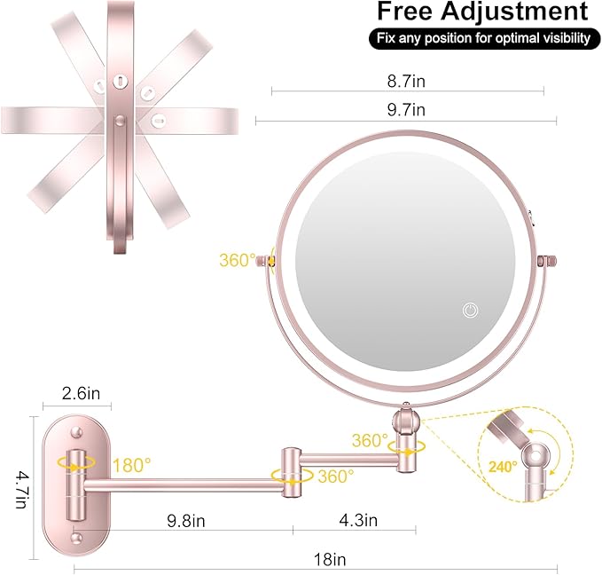 9" Wall Mounted Lighted Makeup Mirror,4000mAh Rechargeable Double Sided 1X/10X Magnifying Mirror with Light,3 Color Lights,Touch Dimmable,Extended Arm 360 Rotation Wall Mounted Makeup Mirror