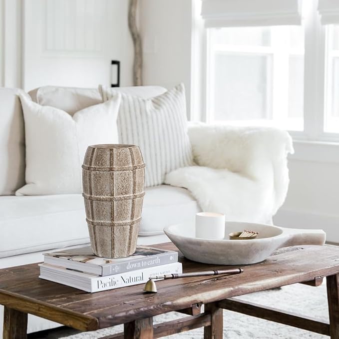 Briful Rustic Terracotta Flower Vase for Home Decor – 9" Brown Farmhouse Textured Barrel-Style Ceramic Vase Vintage Handcrafted Gridded Design for Faux & Dried Flowers Living Room Table Centerpiece