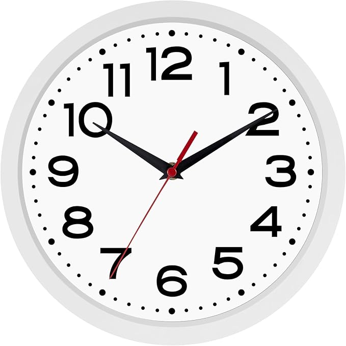 Wall Clock Silent Non-Ticking Modern Clock Battery Operated 10 Inch Small Classic Analog Decorative for Kitchen, Living Room, Office, Bedroom, Bathroom (White)