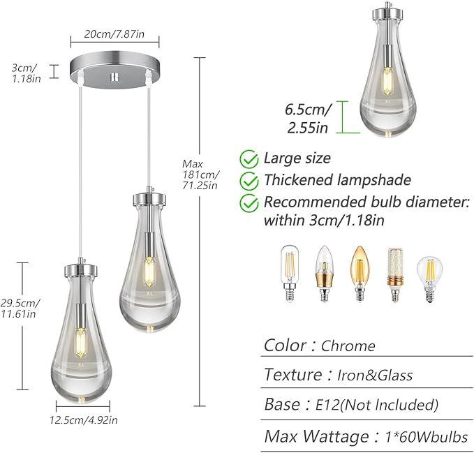Raindrop Pendant Lights Kitchen Island Teardrop Chrome Hanging Light Fixtures Clear Solid Glass Pendant Light Modern Chandeliers for Dining Room Porch Corridor Living Room(2-Light)