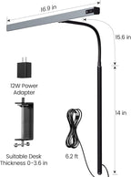 SUPERDANNY LED Desk Lamp for Office Home, Eye-Caring Desk Light with Adjustable Gooseneck, 12W Touch Control Dimmable Brightness, Architect Clamp Lamp with USB Adapter, Grey
