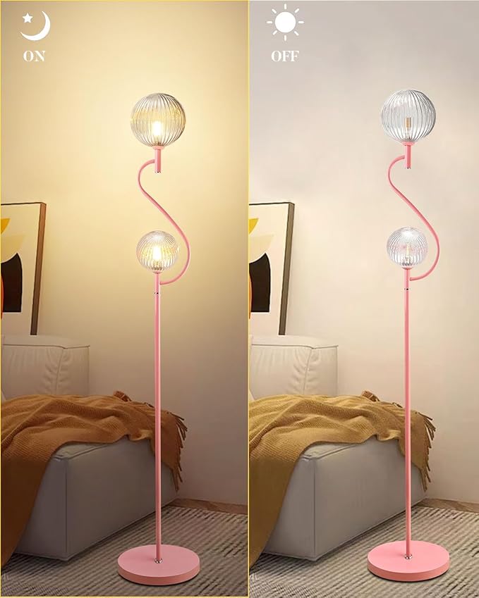 Lightdot Pink Floor Lamp, Mid Century Tall Standing Lamps with Globe Clear Glass Shade Soft Warm White Eye Care 3000K Bulbs Included, Modern Unique Floor Lamp for Living Room Bedroom