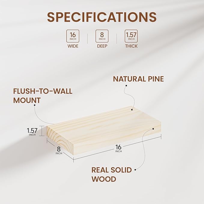 Heimlove Wood Floating Shelves for Wall,2 Packs 16 inches Natural Pine Solid Wood Bathroom Shelf Over Toilet Decor and Storage 8 inches Deep for Kitchen Bedroom Office & Living Room Wall Decor