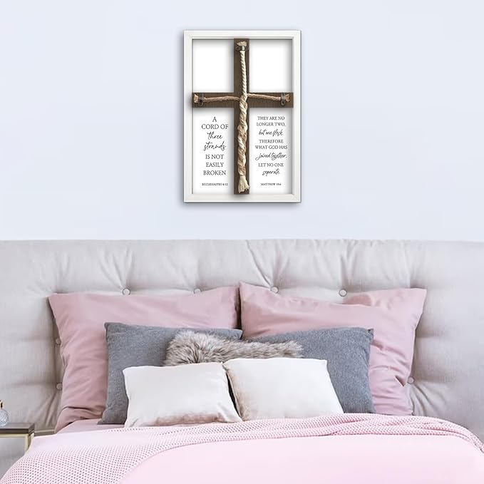 flowtorely A Cord of Three Strands Wedding Ceremony Unity Wall Decor 15"X10" Matthew 19 6 Christian Marriage Prayer Cross Sign Framed Wall Hanging Art (White)