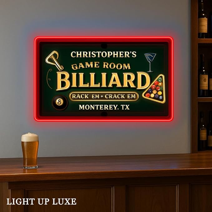 Personalized Billiards Neon Sign, Custom UV Printed Billiard LED Lights Signs, Decorative Wall Art, Lounge, Garage, Man Cave, Bar, Gaming Room Decor, Gifts For Men, Dad, Father, Friends