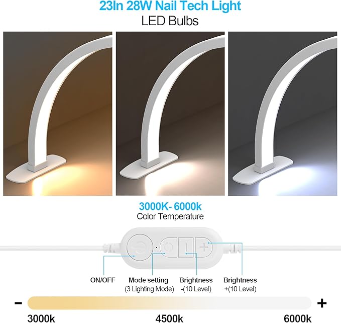 Foldable Large Half Moon LED Light,22" Arch Light for Table Nail Desk with Phone Stand, Upgrade Arch Light for Nail Techs with Wire Controller for Manicure Tattoo Beauty (White, Small)